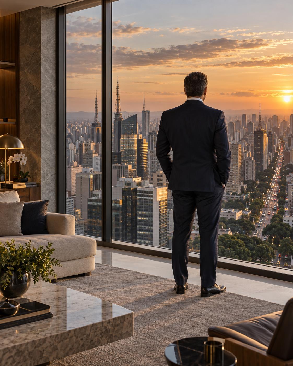 Executivo observando a cidade de São Paulo pela janela de um apartamento de alto padrão